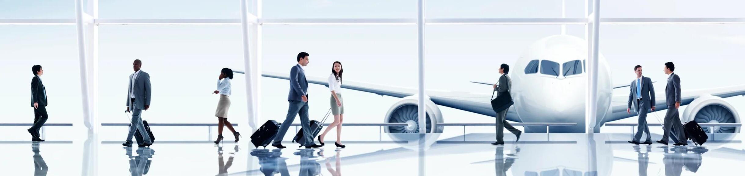 stylized photo of people walking through an airport concourse